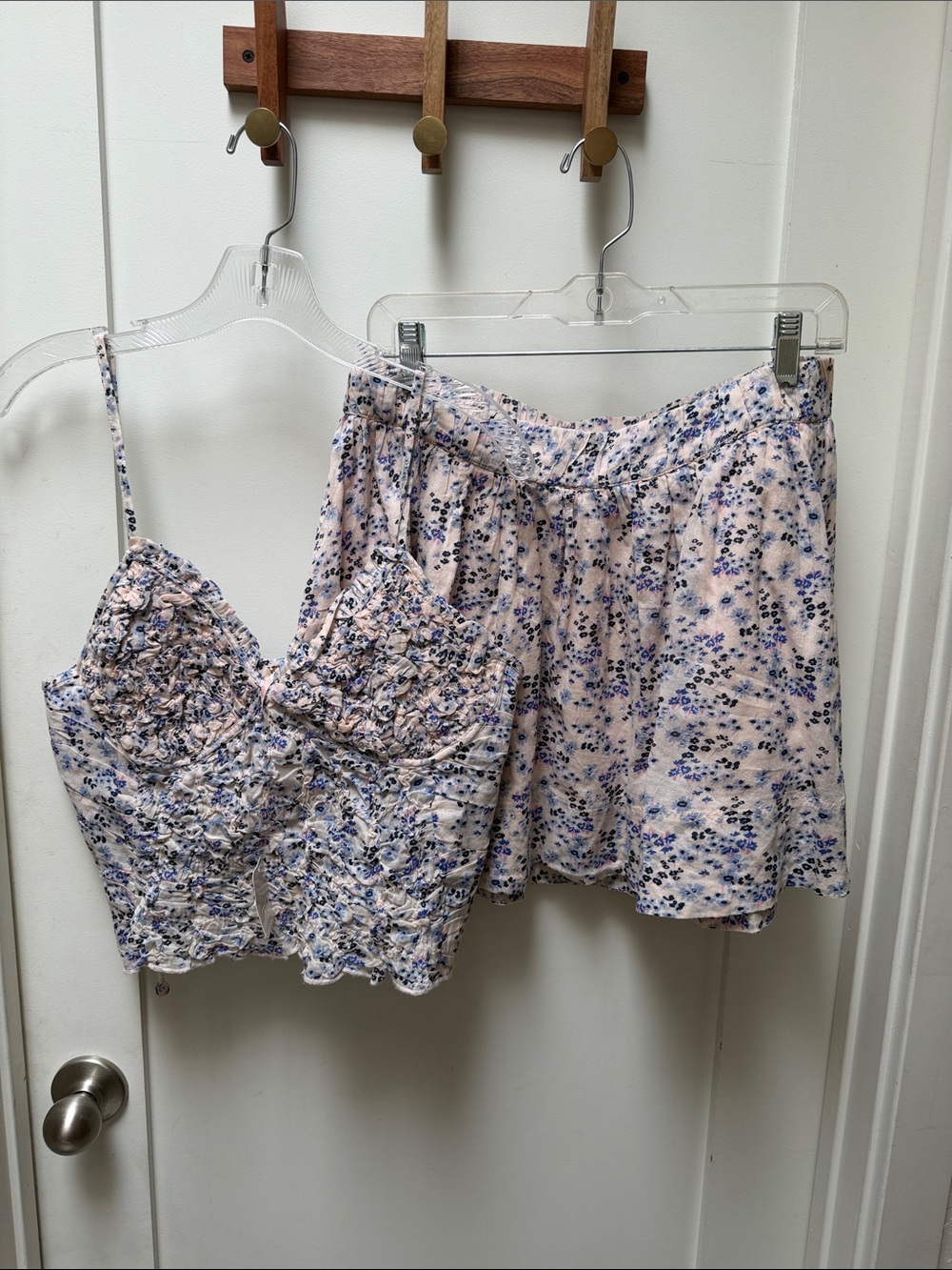 NWT Free People Pink and Blue Floral Ruched Cami and Skirt Set
